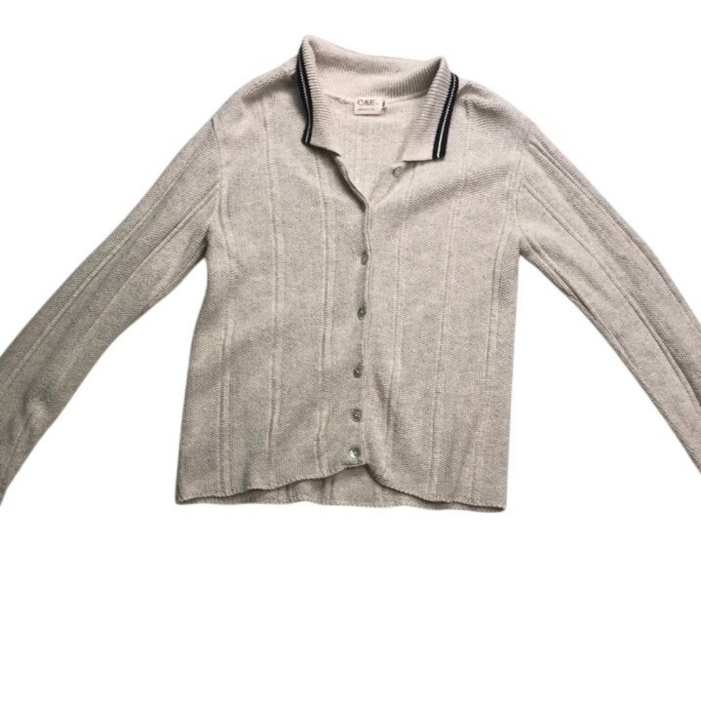 C&E Womens Grey Cotton Knit Collared Cardigan Sweater Made in USA Size M‎
